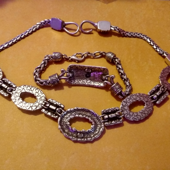 16" Links & Station Silvertone Necklace & Bracelet - Picture 4 of 6